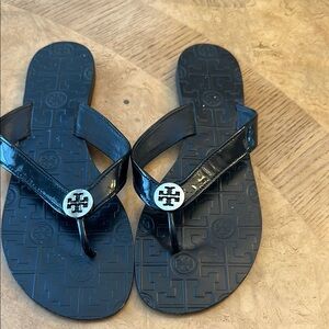 Tory Burch Black Sandals with Silver Logo